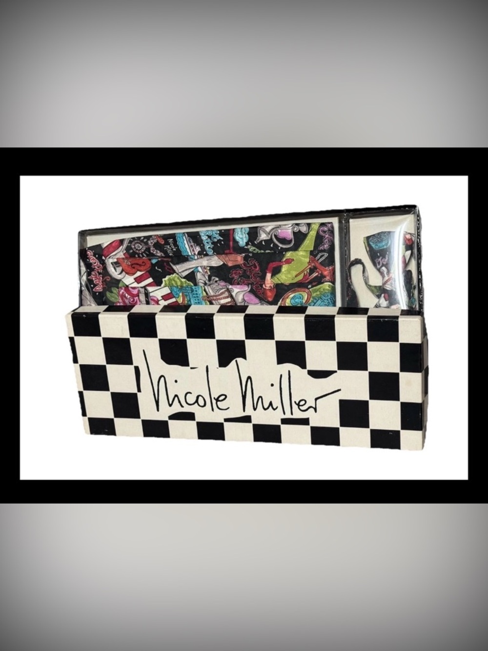 Vintage Nicole Miller Access. Silk Tie Gift Set Novelty Print BowTie Cummerbund